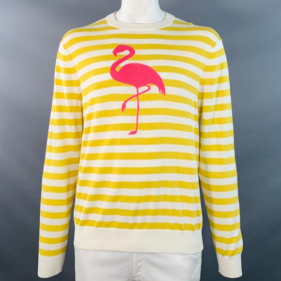 MR TURK Size L Yellow White Pink Flamingo Stripe Cotton Blend Crew Neck Pullover - Picture 1 of 6